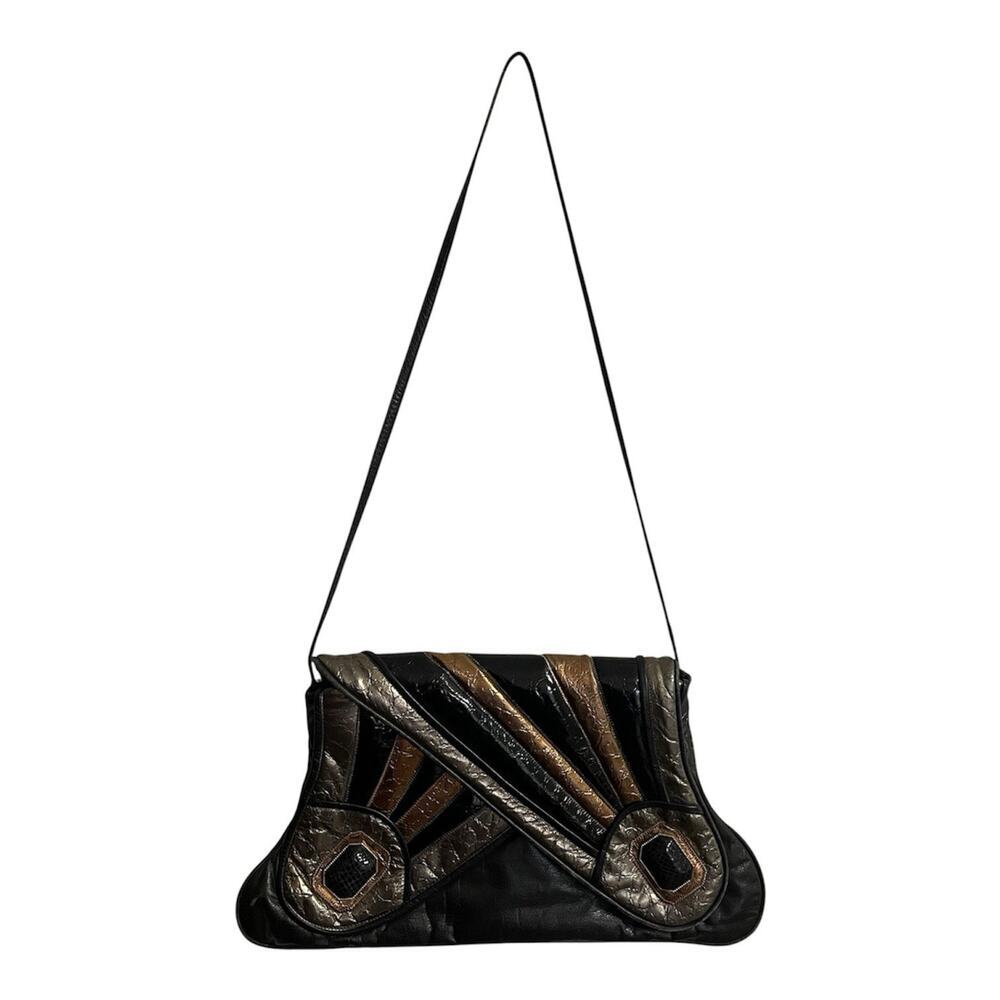 Vtg 80s Noble Handbags Inc Patchwork Leather Black Shoulder Bag/Clutch Metallic